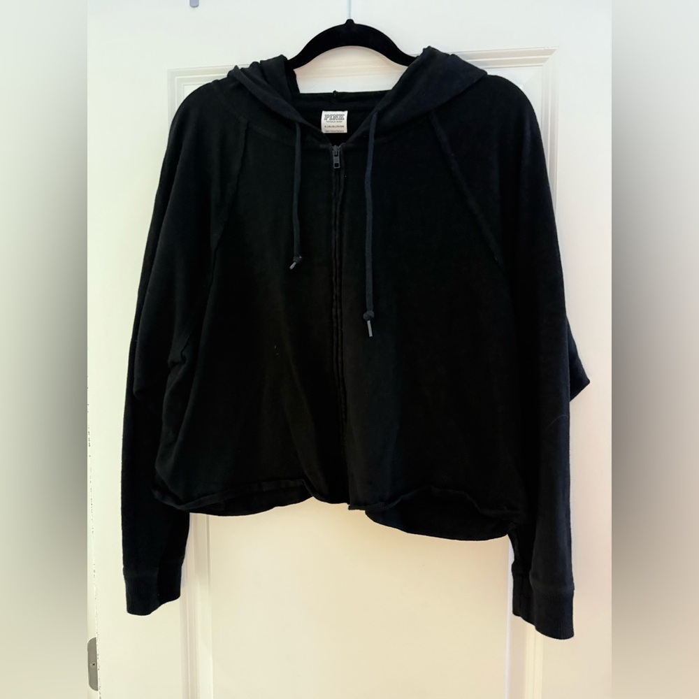 Victoria’s Secret pink Black Crop Hoodie Jacket SZ XL